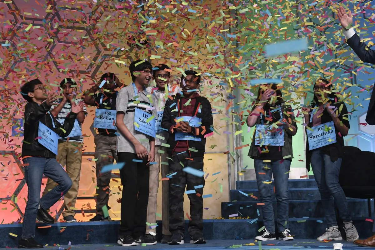 Erin Howard, 14, of Huntsville, Ala., gets excited after receiving her last word to spell as she competes in the finals of the 2019 Scripps National Spelling Bee in Oxon Hill, Md., May 30, 2019. (Susan Walsh/AP photo)