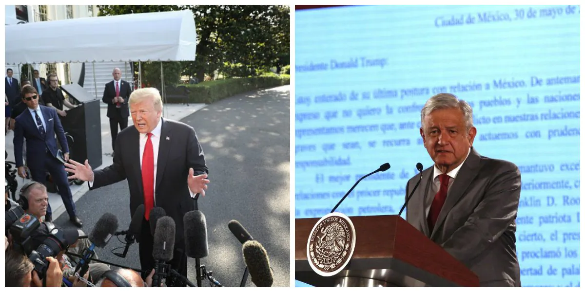 President Donald Trump (L) answers questions while departing the White House in Washington, on May 30,2019. (Win McNamee/Getty Images).
Mexico's President Andrés Manuel López Obrador (R) says Mexico will not respond to President Donald Trump's tariffs but instead push for dialogue at the National Palace, in Mexico City, on May 31, 2019. (Ginnette Riquelme/AP)