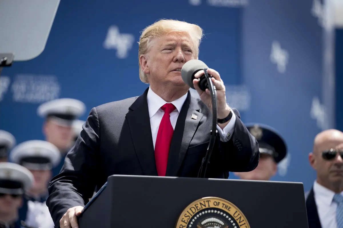 President Donald Trump speaks during the 2019 United States Air Force Academy Graduation Ceremony at Falcon Stadium, at the United States Air Force Academy, in Colorado Springs, Colo. on May 30, 2019. (AP Photo/Andrew Harnik)