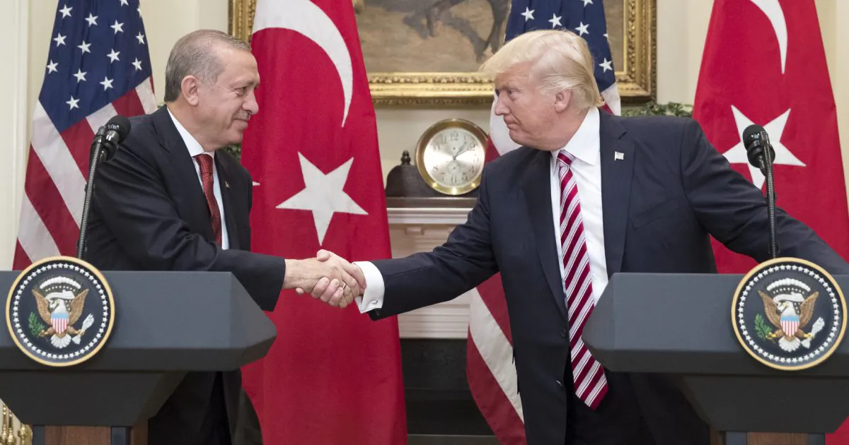 President Donald Trump (R) shakes hands with President of Turkey Recep Tayyip Erdogan (L) in the Roosevelt Room where they issued a joint statement, at the White House in Washington on May 16, 2017. (Michael Reynolds-Pool/Getty Images)