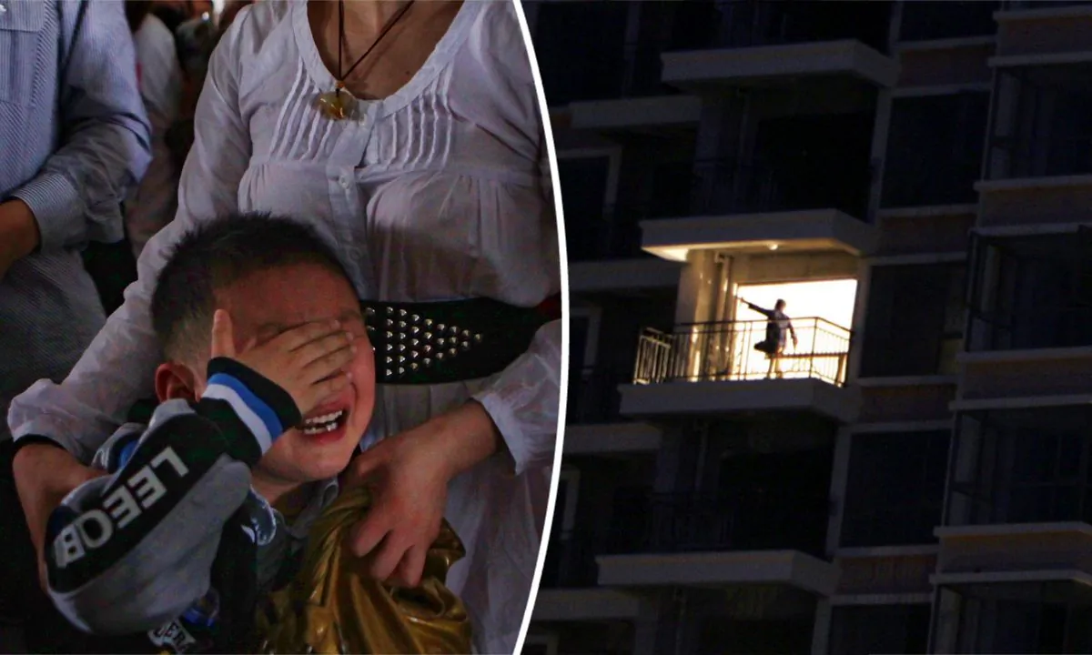 (L) A mother holding her boy as he cries. (Feng Li/Getty Images) -- (R) Apartments being built in China (Paula Bronstein/Getty Images)