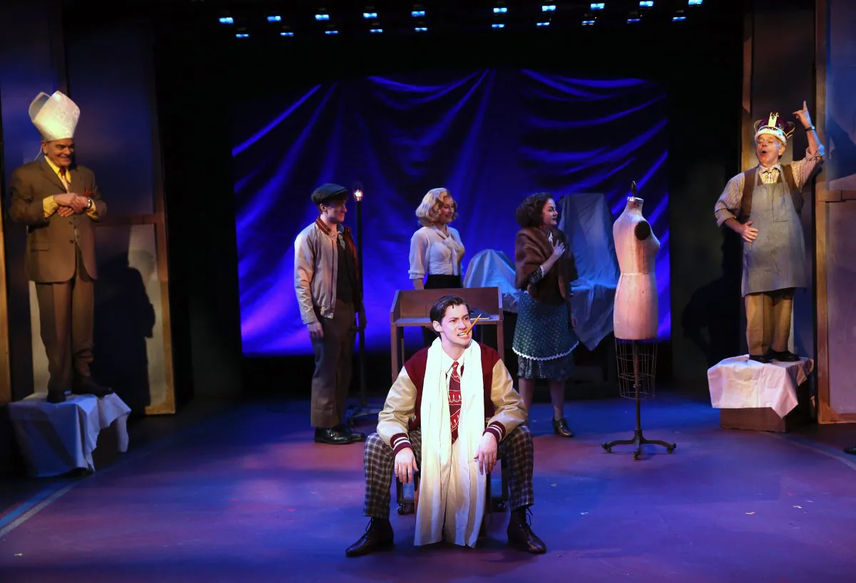 David Kolowitz (Chris Dwan) dreams of becoming a Broadway star in the 1930s. He’s surrounded by the cast of “Enter Laughing.” (Carol Rosegg)