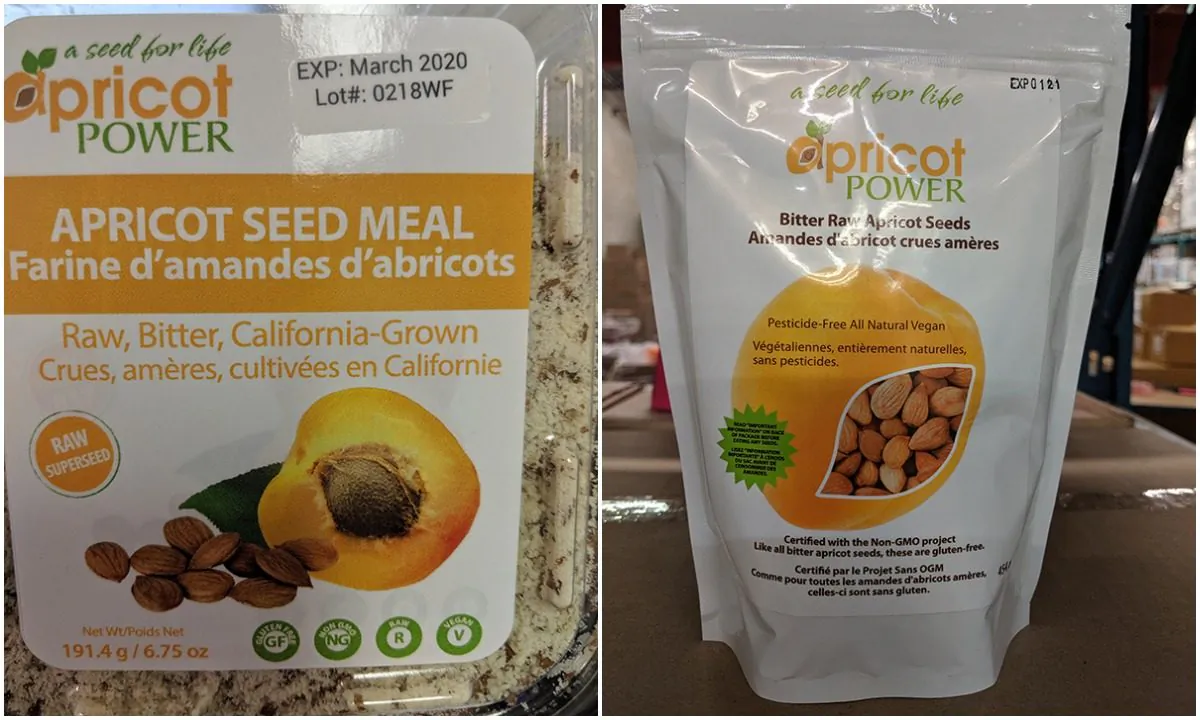 Apricot Power brand bitter raw apricot seeds (R) and apricot seed meal (L) were recalled June 1, 2019 over concerns of possible cyanide poisoning.(CFIA)