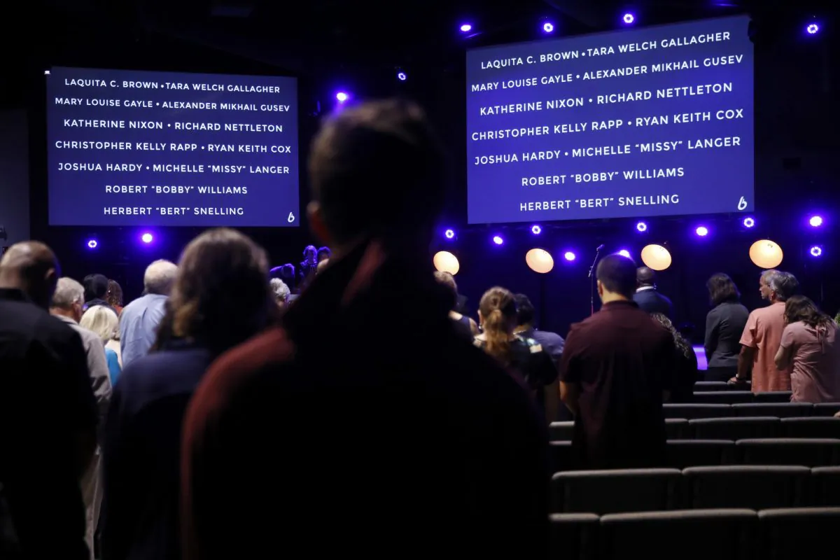 Names of victims of a mass shooting at a municipal building in Virginia Beach are displayed during a vigil at Bridge Church, on June 1, 2019, in Virginia Beach, Va. (Patrick Semansky/AP Photo)