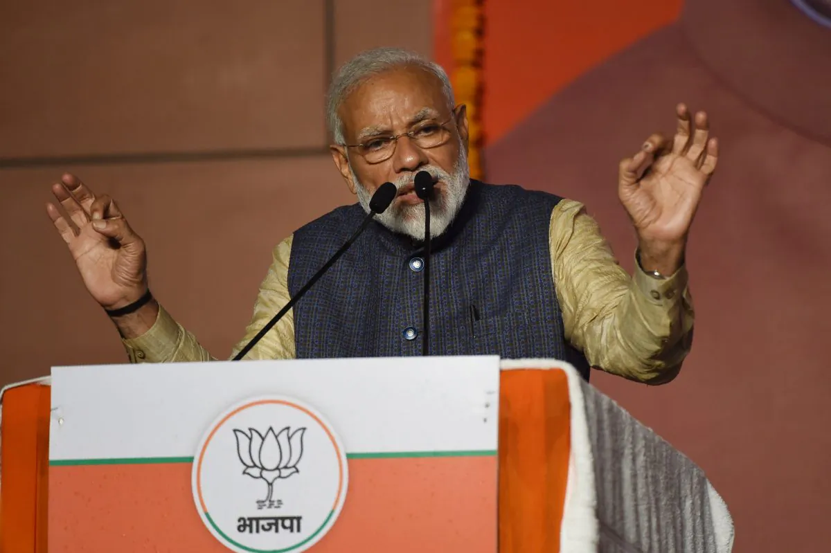 India Prime Minister Narendra Modi delivers his victory speech at Bharatiya Janta Party headquarters after winning India’s general election, in New Delhi on May 23, 2019. (PRAKASH SINGH/AFP/Getty Images)