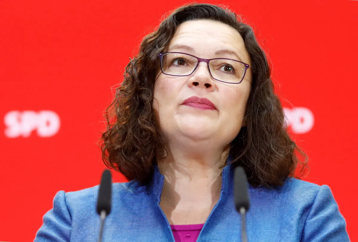 Leader of Social Democratic Party (SPD) Andrea Nahles attends a news conference after Bavaria state election, in Berlin, Germany, on Oct. 15, 2018. (Michele Tantussi/Reuters)
