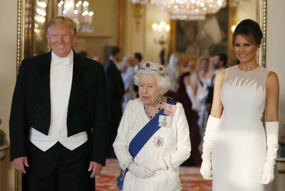 Queen Elizabeth II (C),U.S. President Donald Trump (L) and First Lady Melania Trump (R) attend a State Banquet at Buckingham Palace on June 3, 2019 in London, England. President Trump's three-day state visit will include lunch with the Queen, and a State Banquet at Buckingham Palace, as well as business meetings with the Prime Minister and the Duke of York, before travelling to Portsmouth to mark the 75th anniversary of the D-Day landings. (Jeff Gilbert - WPA Pool/Getty Images)