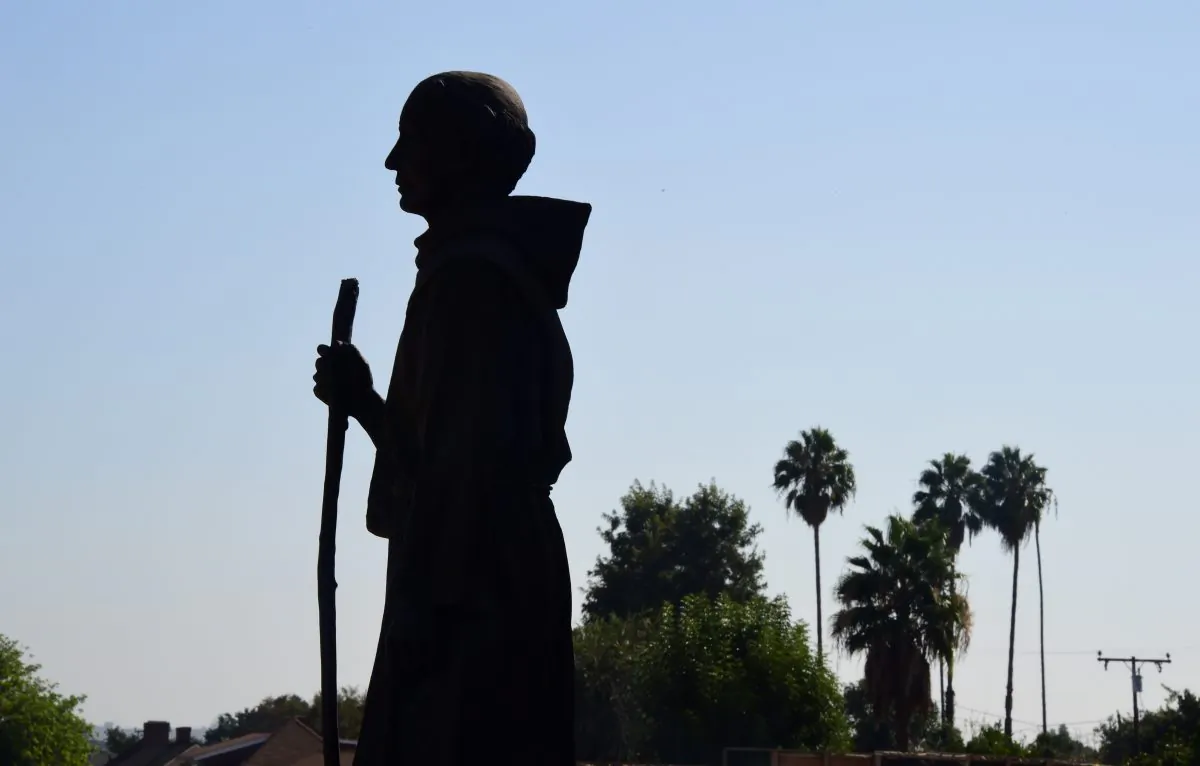 A statue of Father Junipero Serra stands in front of the San Gabriel Mission in San Gabriel, Calif., on Sept. 23, 2015. (Frederic J. Brown/AFP/Getty Images)