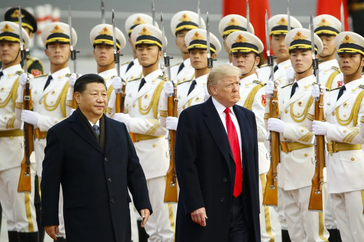 President Donald Trump during a welcoming ceremony with Chinese leader Xi Jinping in Beijing on Nov 9, 2017. The Chinese regime's recent white paper on trade severely criticized the U.S. administration for allegedly backtracking on several trade commitments, and refuted allegations that it reneged on promises made over months of negotiations. (Thomas Peter-Pool/Getty Images)