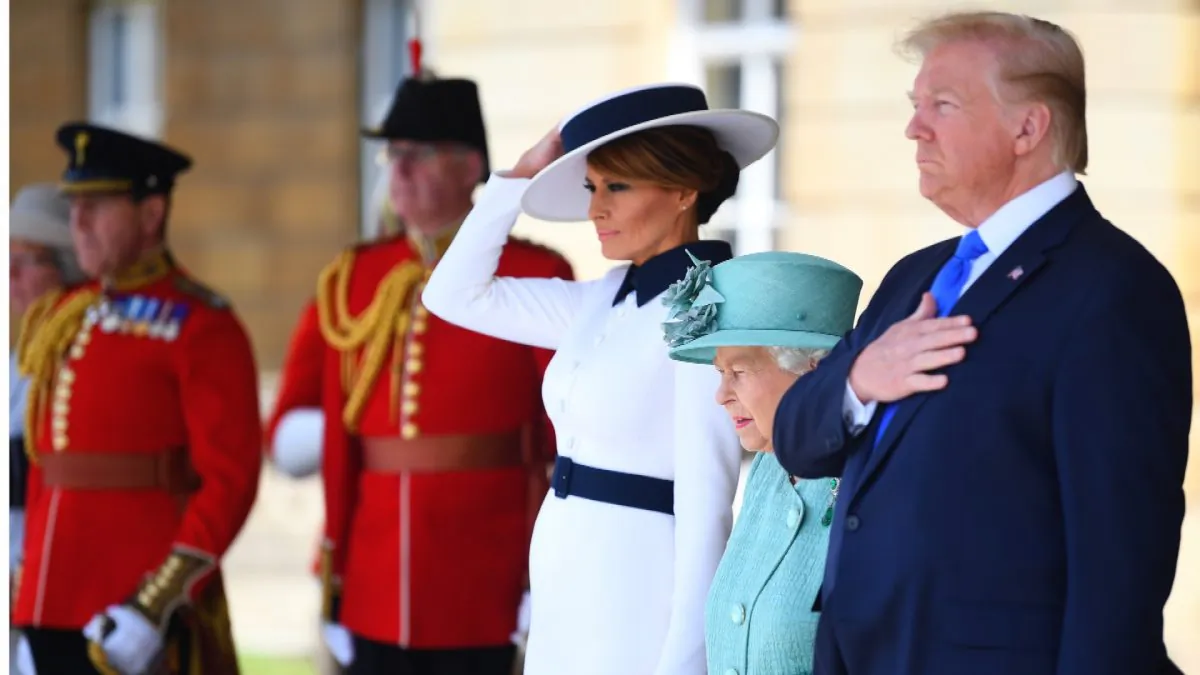(L-R) First Lady Melania Trump, Queen Elizabeth II and President Donald Trump during the Ceremonial Welcome at Buckingham Palace on the first day of the U.S. President and First Lady's three-day State visit in London, England on June 3, 2019. (Victoria Jones/WPA Pool/Getty Images)
