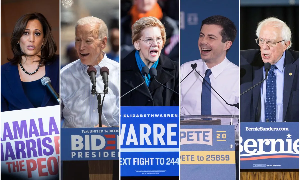 (L-R) Sen. Kamala Harris (D-Calif.), former Vice President Joe Biden, Sen. Elizabeth Warren (D-Mass.), Sen. Bernie Sanders (I-Vt.). (Al Drago/Getty Images; Drew Angerer/Getty Images; Scott Eisen/Getty Images; South Bend Mayor Pete Buttigieg; Scott Olson/Getty Images; Scott Eisen/Getty Images)