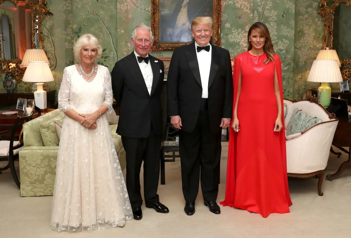 U.S. President Donald Trump and first lady Melania Trump host a dinner at Winfield House for Prince Charles, Prince of Wales, and Camilla, Duchess of Cornwall, during their state visit in London on June 4, 2019. (Chris Jackson/WPA Pool/Getty Images)