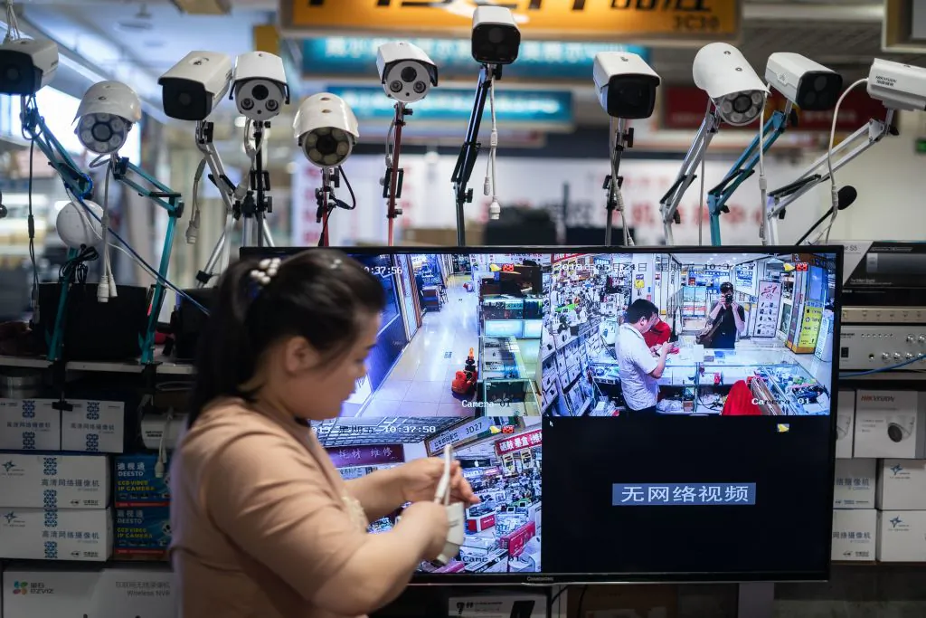Picture of Hikvision cameras in an electronic mall in Beijing on May 24, 2019. (Fred Dufour/AFP/Getty Images)