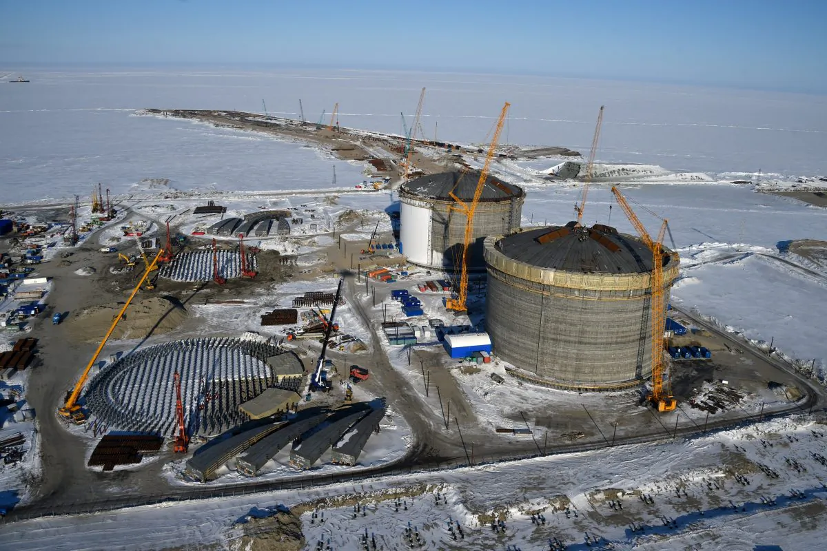 Natural gas reservoirs are seen under construction at the port of Sabetta in the Kara Sea shore line on the Yamal Peninsula in the Arctic circle on April 16, 2015. (Kirill Kudryavtsev/AFP/Getty Images)