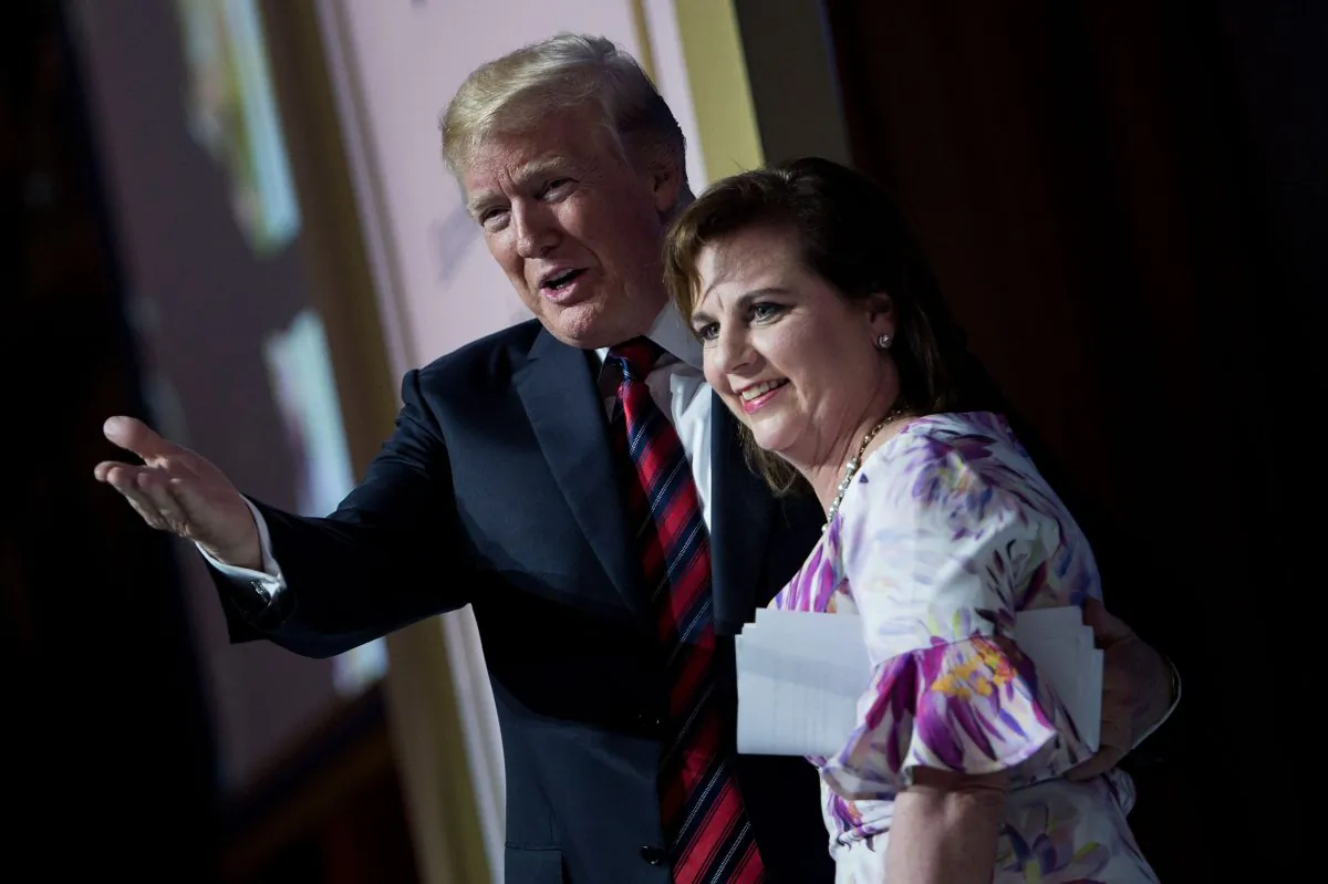 President Donald Trump and Marjorie Dannenfelser, President of Susan B. Anthony List, at the National Building Museum in Washington on May 22, 2018. (Brendan Smialowski/AFP/Getty Images)
