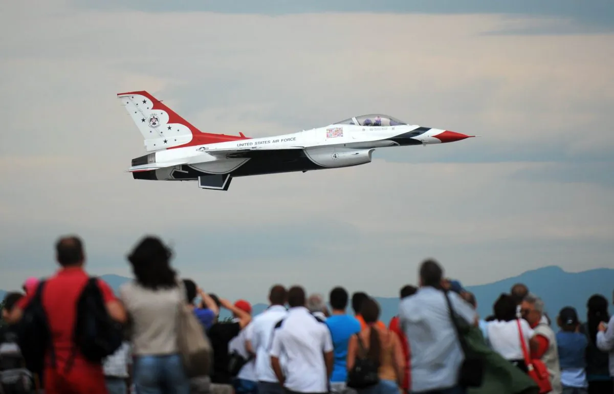 A US Air Force Thunderbirds F16 jet performs during an air show at the Graf Ignatievo air base, 140 kms east of Sofia, on June 25, 2011. (Nikolay Doychinov/AFP/Getty Images)