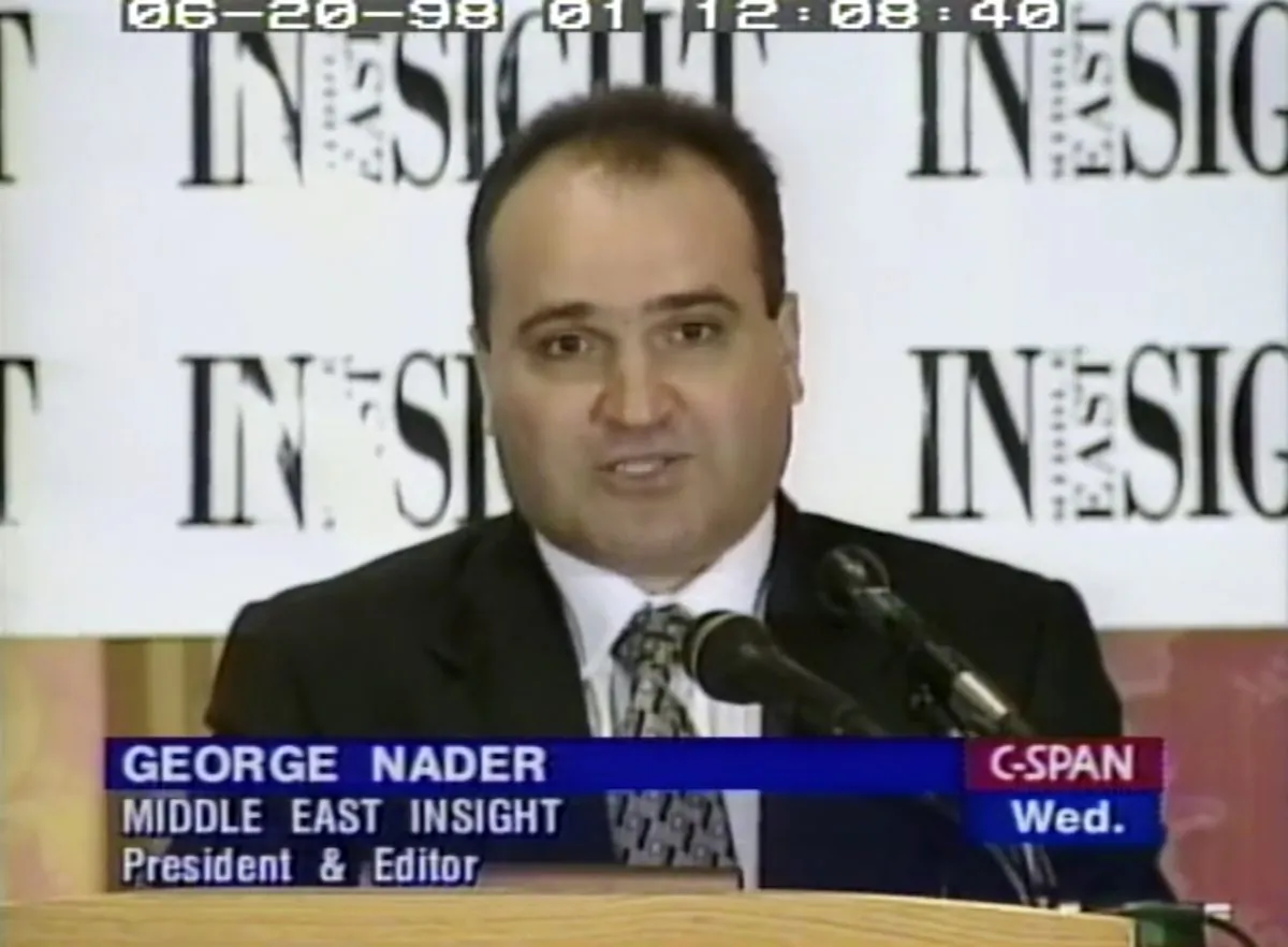 George Nader, then-president of Middle East Insight, in a 1998 C-SPAN video. (C-SPAN via AP, File)