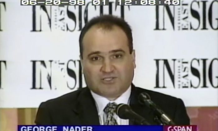 George Nader, then-president of Middle East Insight, in a 1998 C-SPAN video. (C-SPAN via AP, File)