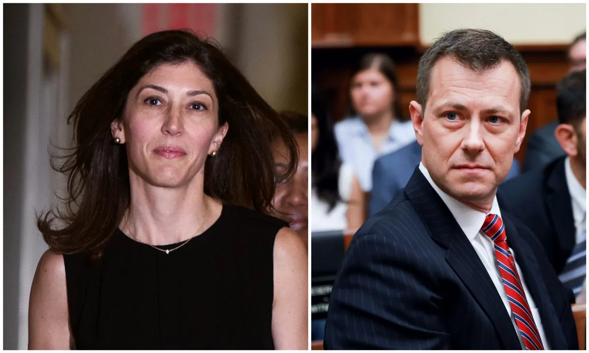 Lisa Page on Capitol Hill on July 13, 2018, and Peter Strzok on Capitol Hill on July 12, 2018. (ANDREW CABALLERO-REYNOLDS/AFP/Getty Images; Samira Bouaou/The Epoch Times)