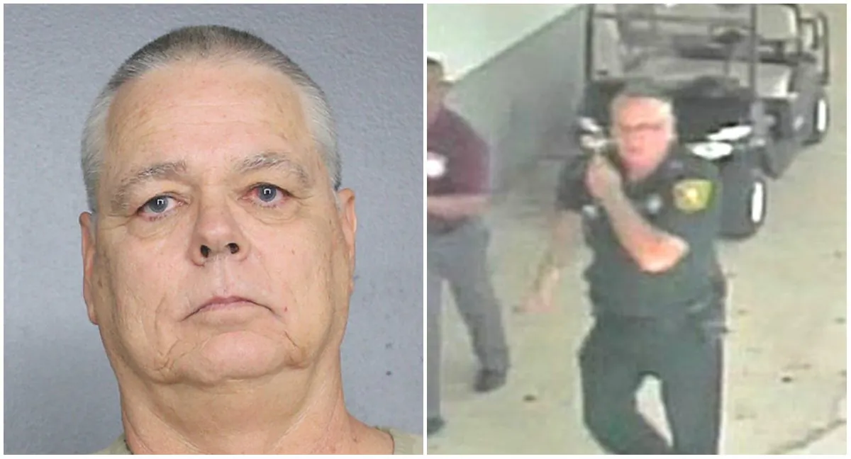L: An undated photo of Scot Peterson, a former Florida deputy. (Broward County Sheriff's Office via AP)  R: Scot Peterson on duty during Parkland shooting as seen in a surveillance video. (Screenshot/Broward County Sheriff's office)