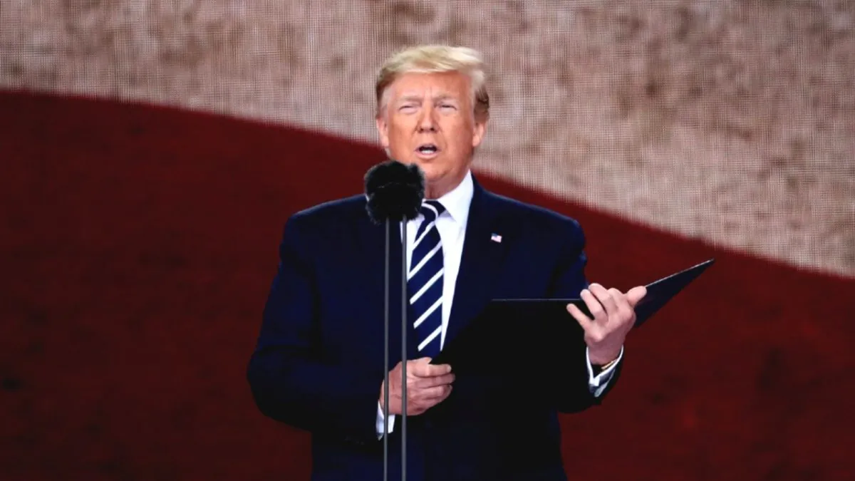 President of the United States, Donald Trump speaks during the D-Day Commemorations in Portsmouth, England, on June 5, 2019. (Dan Kitwood/Getty Images)