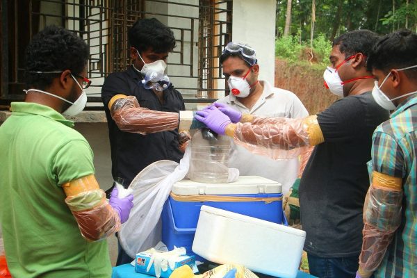 Officials deposit a bat into a container after catching it inside a well