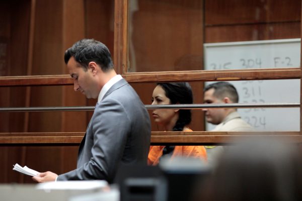 Alondra Ocampo, co-defendant and follower of La Luz del Mundo in the case against Naason Joaquin Garcia, the head of the church is arraigned in a courtroom in Los Angeles