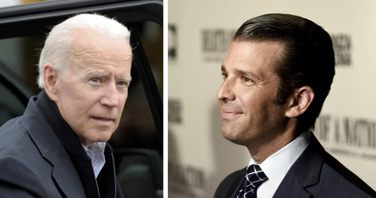 (L) Former U.S. Vice President Joe Biden in Dorchester, Mass., on April 18, 2019. (Joseph Prezioso/AFP/Getty Images); (R) Donald Trump, Jr. in Washington on Aug. 1, 2018. (Shannon Finney/Getty Images)