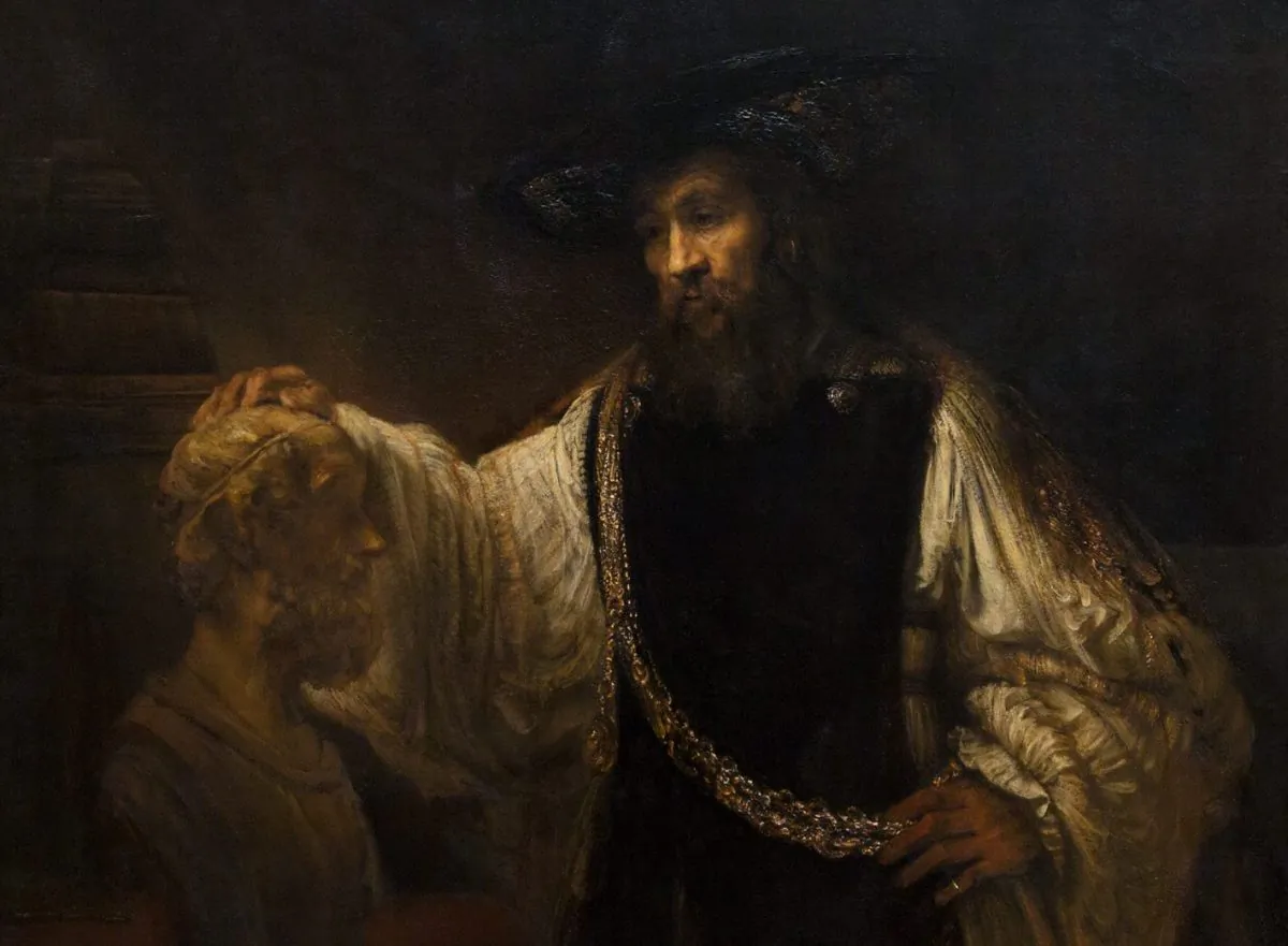 A close-up of “Aristotle with a Bust of Homer,” 1653, by Rembrandt van Rijn. Oil on canvas, 56 1/2 inches by 53 3/4 inches. Purchase, special contributions and funds given or bequeathed by friends of the Museum, 1961. (The Metropolitan Museum of Art, New York)