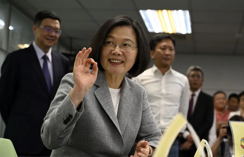 Taiwan's President Tsai Ing-wen gestures while registering as the ruling Democratic Progressive Party (DPP) 2020 presidential candidate at the party's headquarter in Taipei on March 21, 2019. (Sam Yeh/AFP/Getty Images)