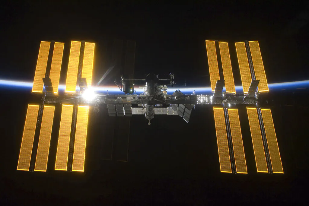 The International Space Station seen from the Space Shuttle Discovery during separation, on March 25, 2009. (NASA via AP)