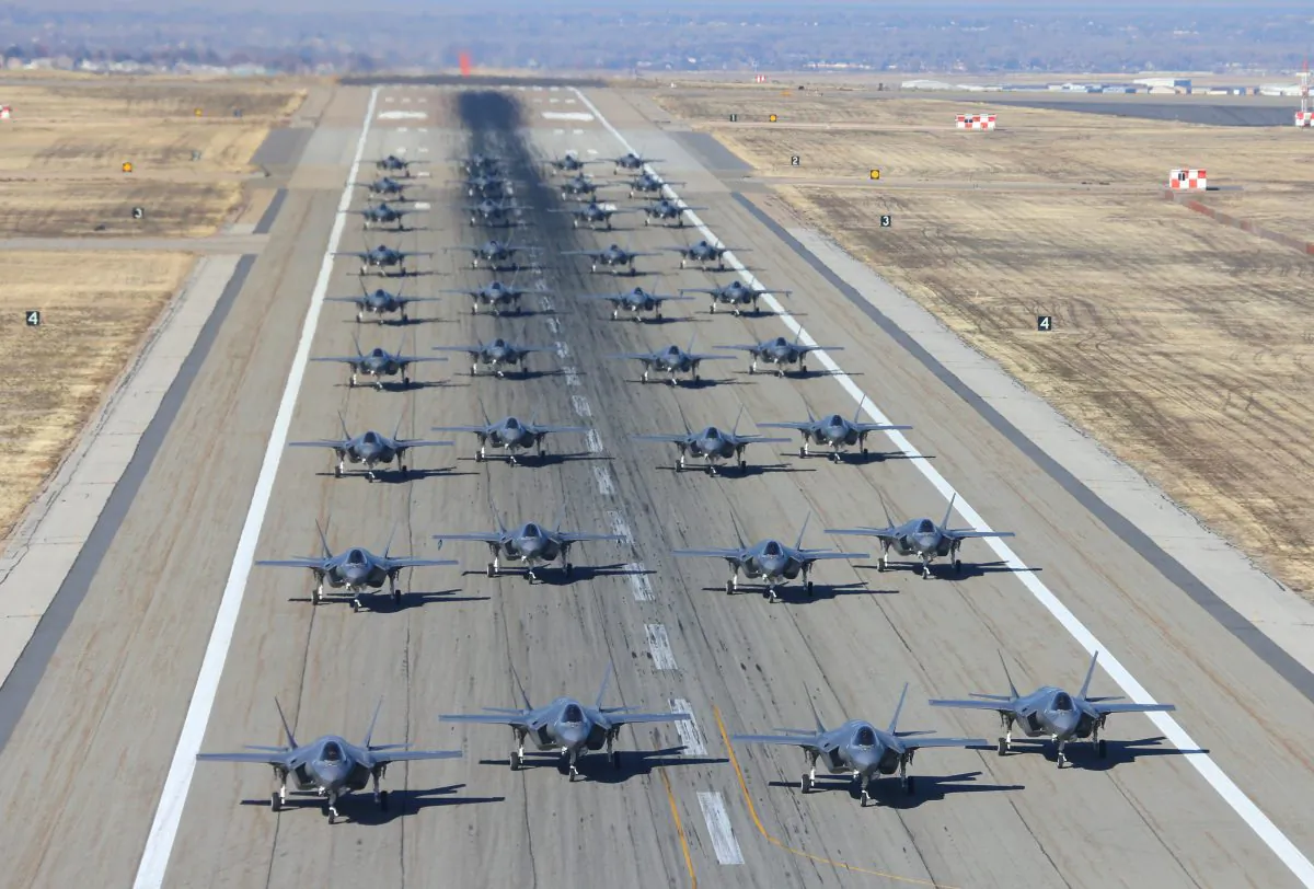 36 F-35As on the runway to prepare for take-off on November 19, 2018 in Hill Air Force Base, Utah. (George Frey/Getty Images)