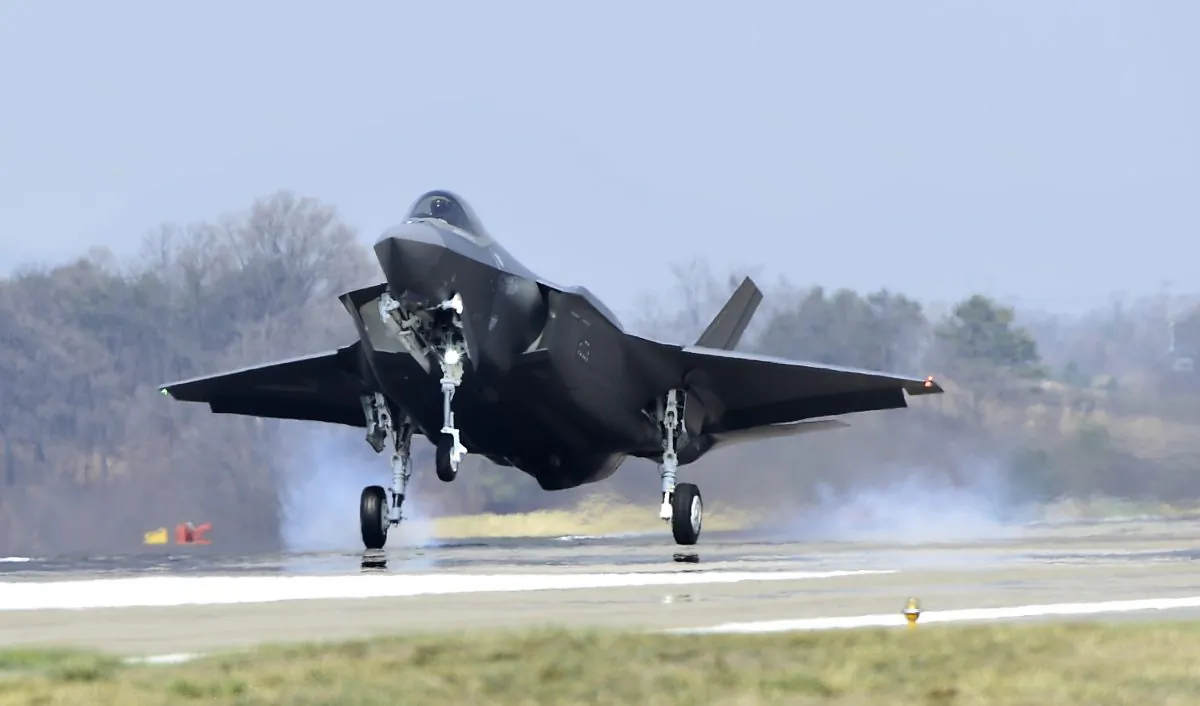 A U.S. F-35A fighter jet lands at Chungju Air Base in Chungju, South Korea, on March 29, 2019. (South Korea Defense Acquisition Program Administration via Getty Images)