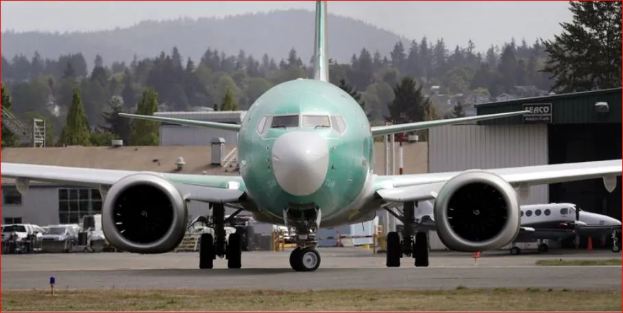 A Boeing 737 MAX 8, being built for American Airlines, makes a turn on the runway as it's readied for takeoff on a test flight in Renton, Wash, on May 8,2019. (Elaine Thompson/AP)