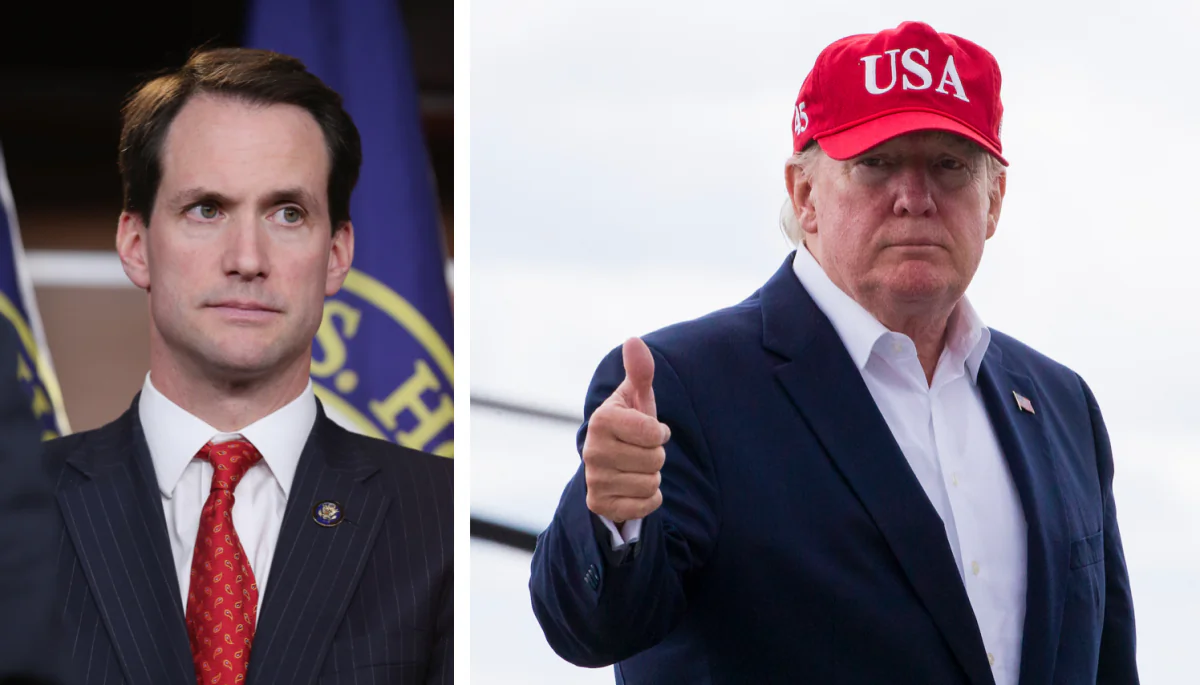 L: Rep. Jim Himes (D-Conn.) in a news conference in Washington, on Nov. 15, 2012. (Chip Somodevilla/Getty Images) R: President Donald Trump gives thumbs up before departing Shannon Airport, in Shannon, Ireland on June 7, 2019. (Alex Brandon/AP Photo)