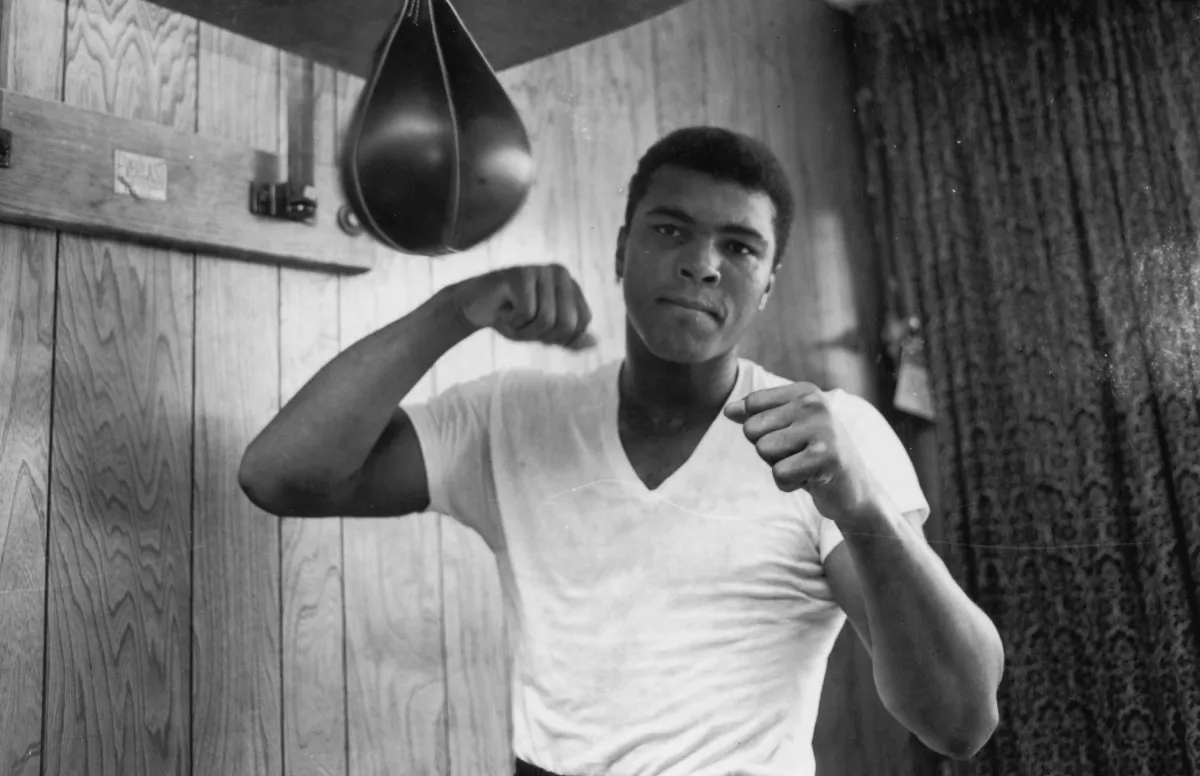 American Heavyweight boxer Cassius Clay (later Muhammad Ali), training in his gym, 21st May 1965. (Photo by Harry Benson/Express/Hulton Archive/Getty Images)