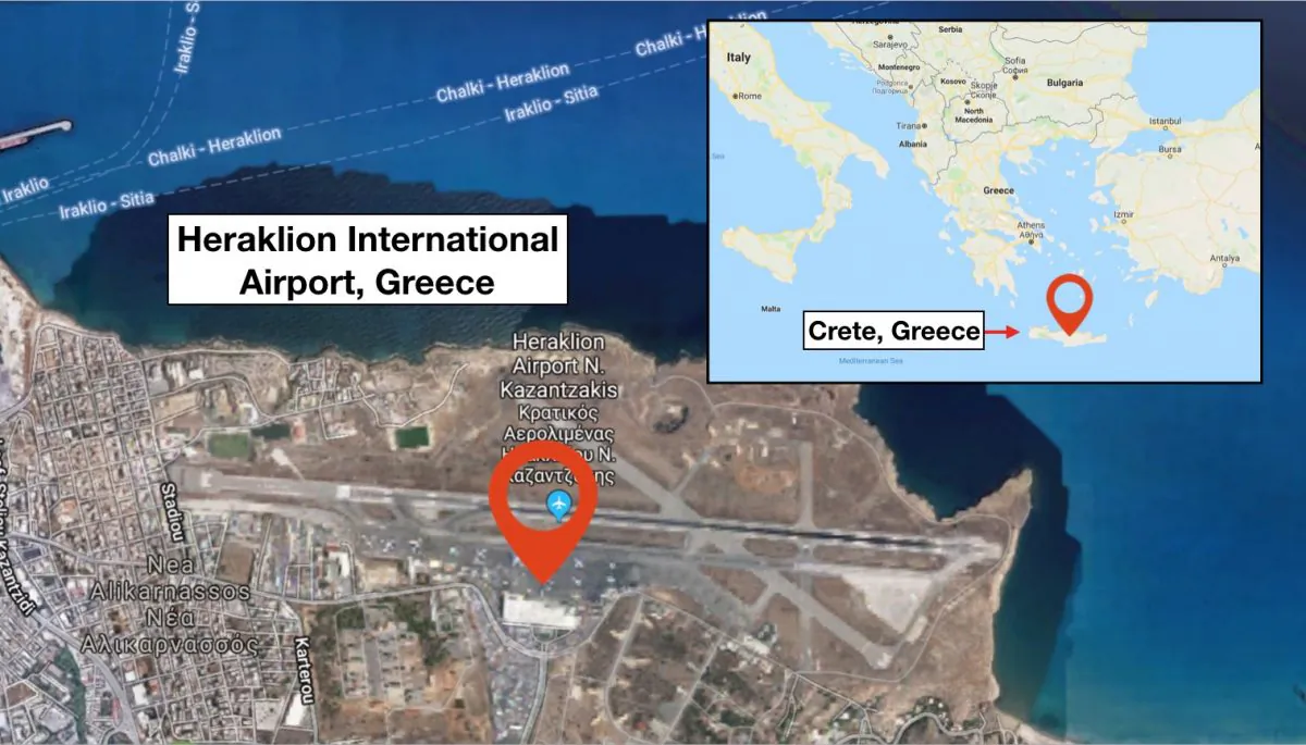 Satellite image showing Heraklion International Airport "Nikos Kazantzakis," which is the main airport on the island of Crete, Greece. (Screenshot/Google Maps)