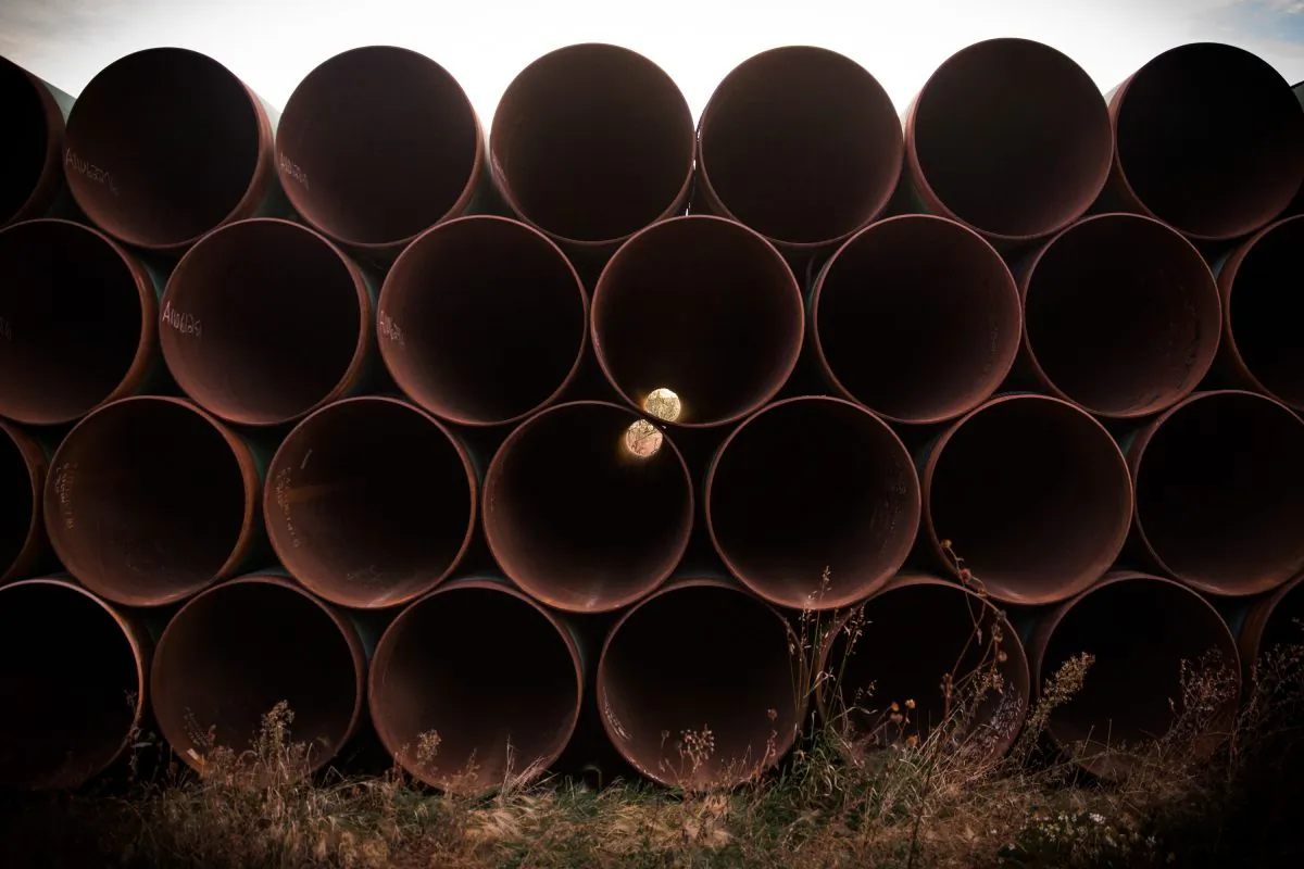 Miles of unused pipe, prepared for the proposed Keystone XL pipeline, sit in a lot outside Gascoyne, N.D., on Oct. 14, 2014. (Andrew Burton/Getty) Images