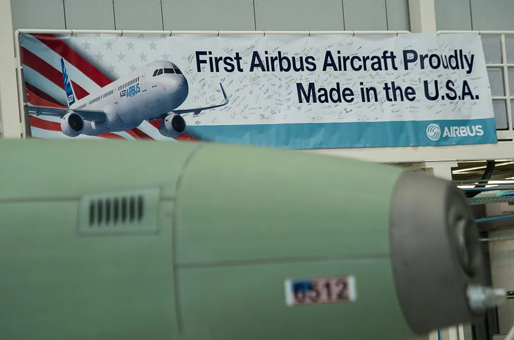A sign is seen during the inauguration of Airbus' first US manufacturing facility in Mobile, Alabama, on September 14, 2015. (NICHOLAS KAMM/AFP/Getty Images)