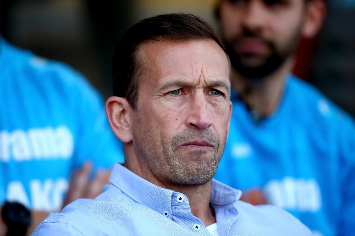 Manager of Leyton Orient Justin Edinburgh looks on ahead of the Vanarama National League match between Leyton Orient and Harrogate Town at Brisbane Road in London on April 19, 2019. (Jordan Mansfield/Getty Images)