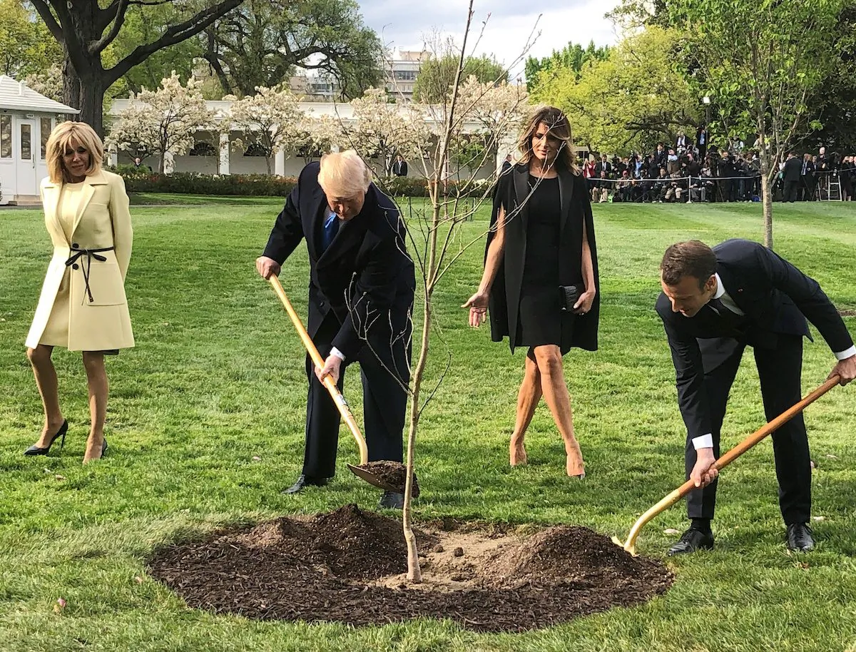 President Donald Trump and French President Emmanuel Macron shovel dirt onto a freshly planted oak tree as Brigitte Macron and first lady Melania Trump watch during a tree planting ceremony on the South Lawn of the White House in Washington, on April 23, 2018. (Steve Holland/Reuters)