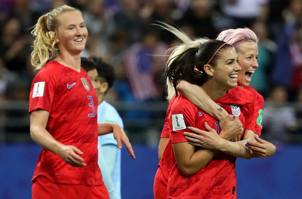 Alex Morgan of the USA celebrates with teammates after scoring her team's fifth goal during the 2019 FIFA Women's World Cup France group F match between USA and Thailand at Stade Auguste Delaune in Reims, France on June 11, 2019. (Robert Cianflone/Getty Images)