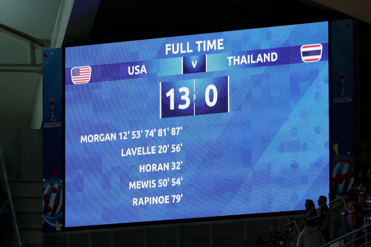 The LED board displays the final score