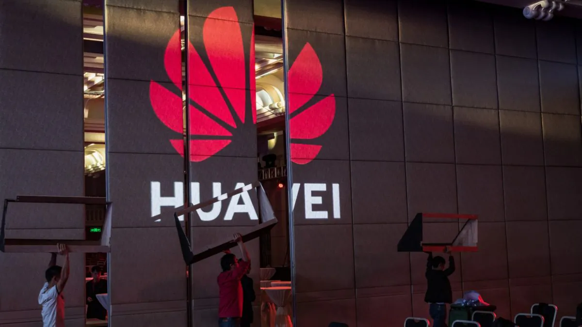 Workers prepare the venue for Huawei HAS2019 Global Analyst Summit in Shenzhen, China on April 16, 2019. (Billy H.C. Kwok/Getty Images)