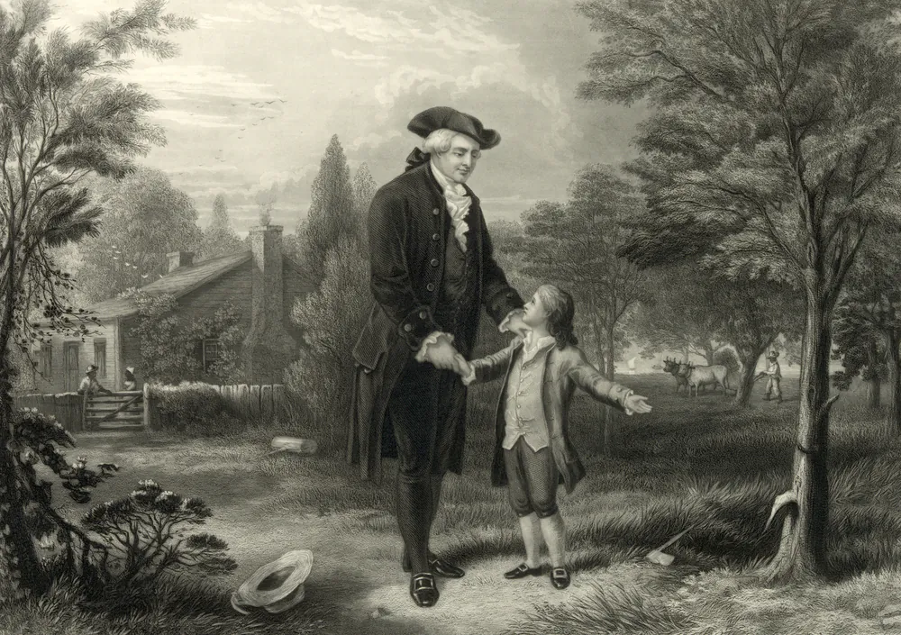 George Washington confesses to his father, Augustine Washington, in an illustration from an engraving, circa 1846. (Everett Historical/Shutterstock)