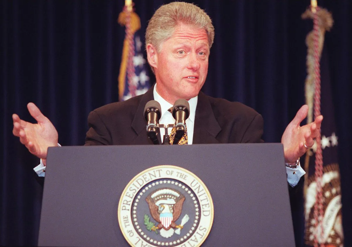 President Bill Clinton responds to questions at the White House in Washington on May 19, 1997. (Jamal Wilson/AFP/Getty Images)