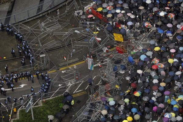 Protesters gather outside the Legislative Council in Hong Kong,