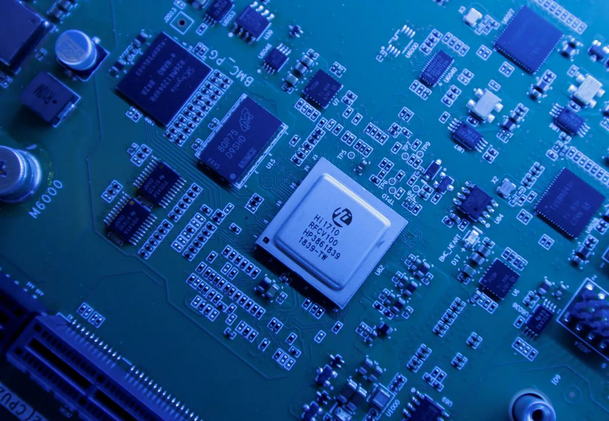 Hi1710 BMC management chip is seen on a Kunpeng 920 chipset designed by Huawei's Hisilicon subsidiary is on display at Huawei's headquarters in Shenzhen, Guangdong Province, China, on May 29, 2019. (Jason Lee/Reuters)