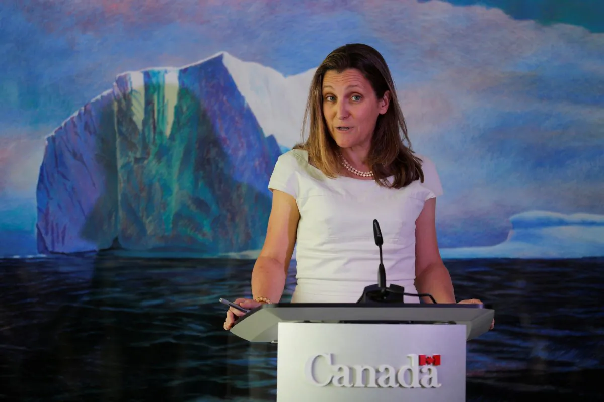 Canada's Foreign Minister Chrystia Freeland speaks during a news conference at the Canadian Embassy in Washington D.C. on June 13, 2019. (Carlos Barria/Reuters)