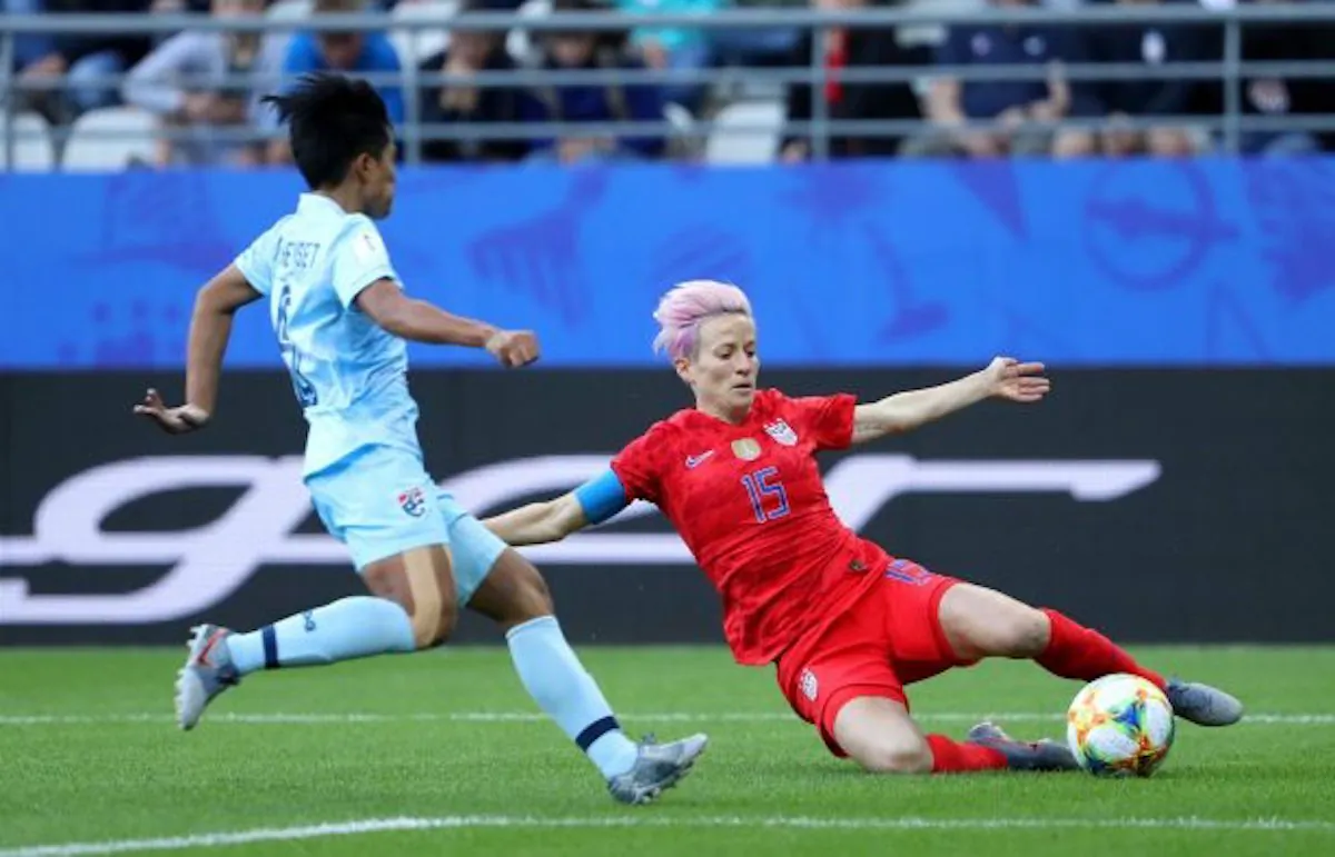 Megan Rapinoe of the USA slides to control the ball during the 2019 FIFA Women's World Cup France group F match between USA and Thailand at Stade Auguste Delaune in Reims, France on June 11, 2019. (Robert Cianflone/Getty Images)
